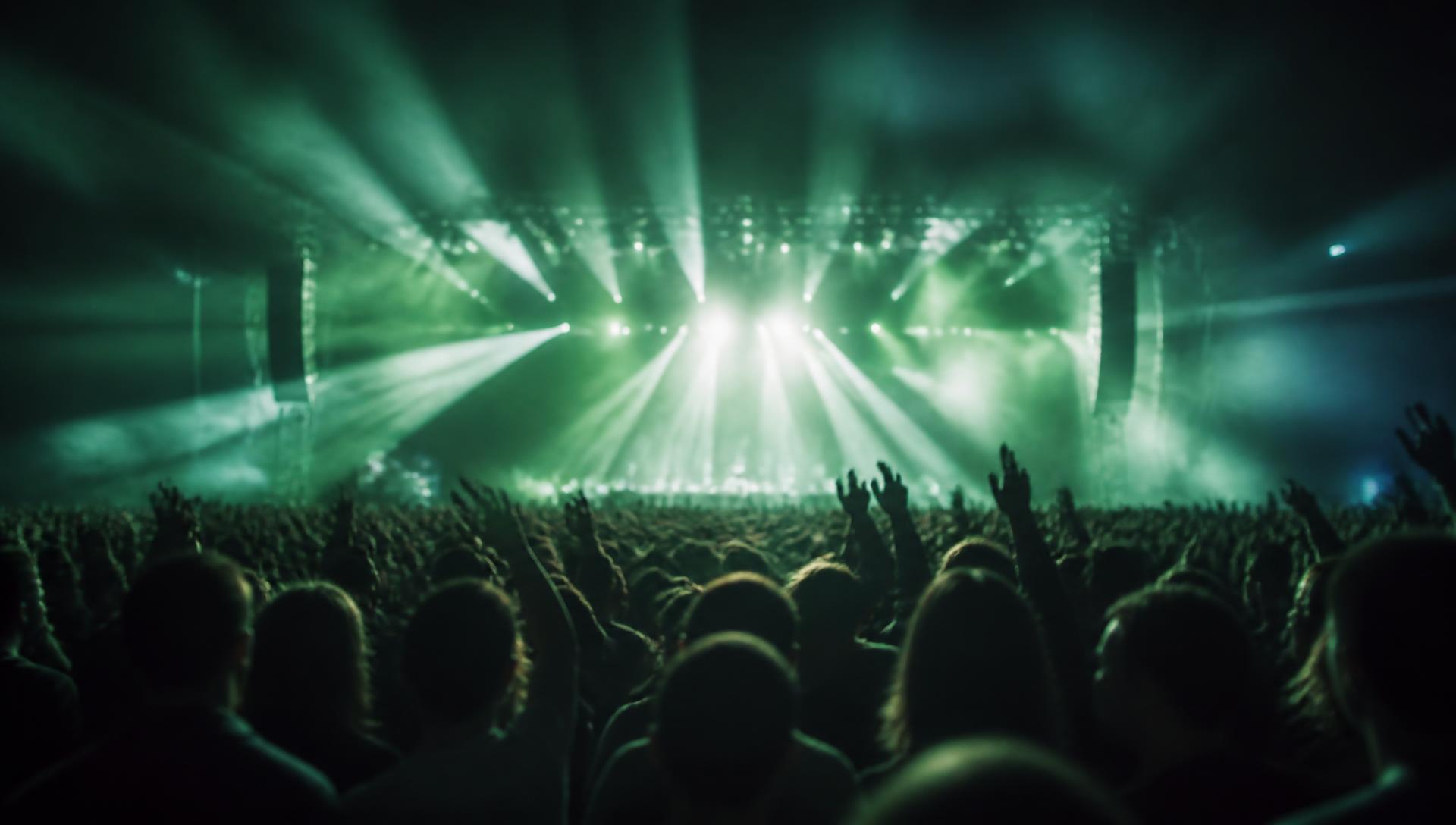 Concert crowd facing a glowing stage